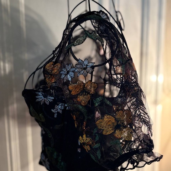 Black Floral Embroidered Mesh Corset Top – Size S (Bust-Friendly Fit) - Picture 3 of 5